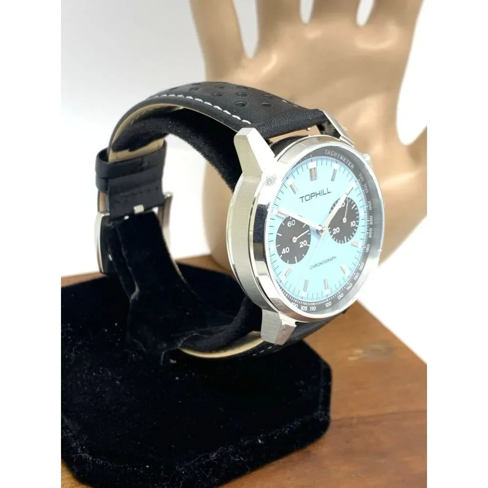 Tophill Men's Watch Mechanical Chronograph Blue Dial Black Leather Band 40mm